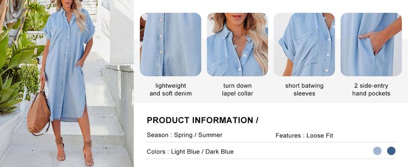 Chouyatou Women's Summer Loose Hand Pocket Midi Long Tunic Denim Shirt Dress Comfort