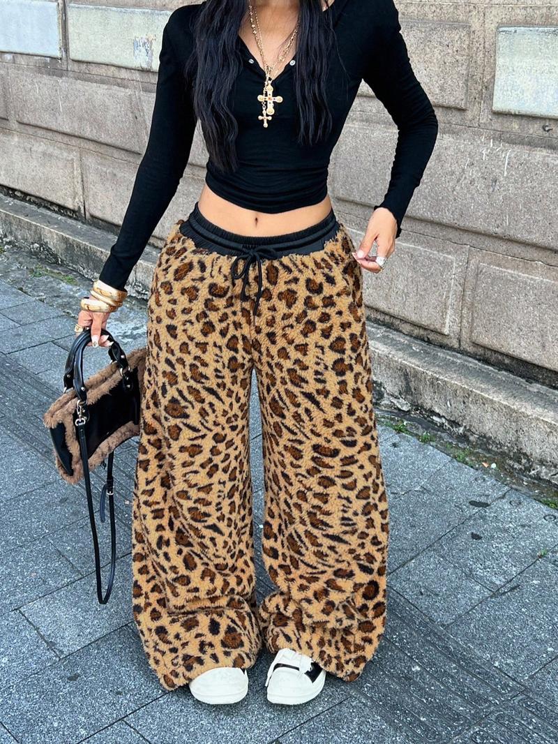 Women's Fall Winter Streetwear Casual Warm Leopard Print Patchwork Loose Wide Leg Pants, Vintage Style Daily Wear, Casual Lounge Pants