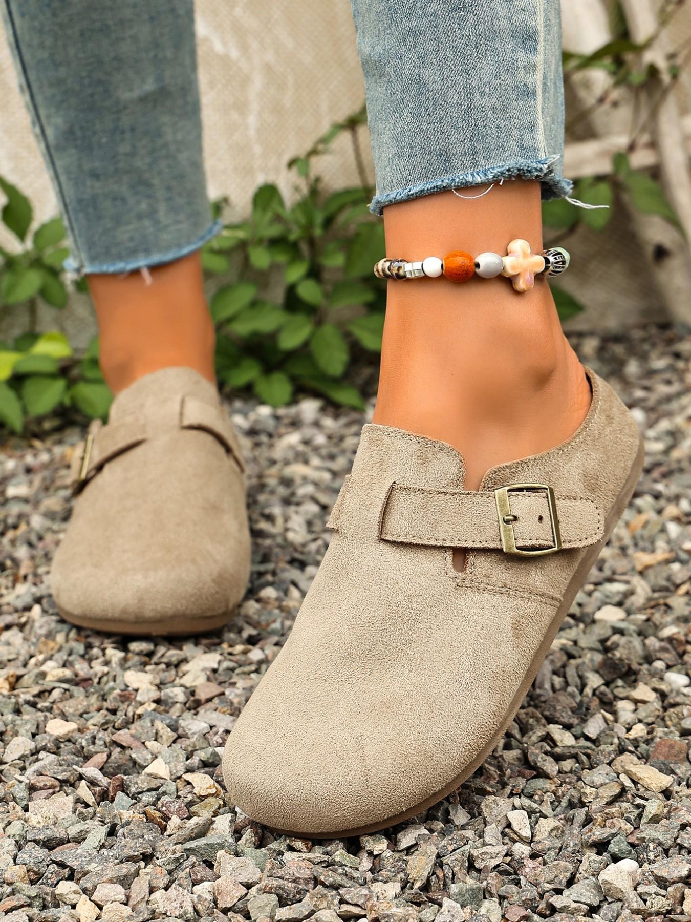 Women's 2026 Spring Summer New Velvet Slip-On Shoes, Wide Fit Comfortable Casual Flat Thick Soled Mules, Adjustable Antique Brass Buckle, Non-Slip Thick Sole