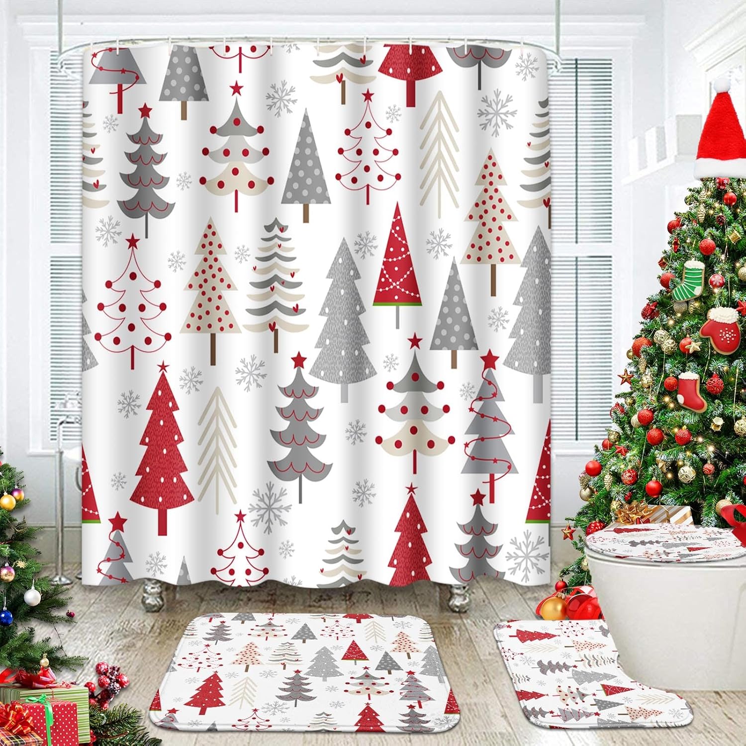 4 Pcs Shower Curtain Set Merry Christmas Happy New Year with Non-Slip Rugs Toilet Lid Cover and Bath Mat Bathroom Decor Set