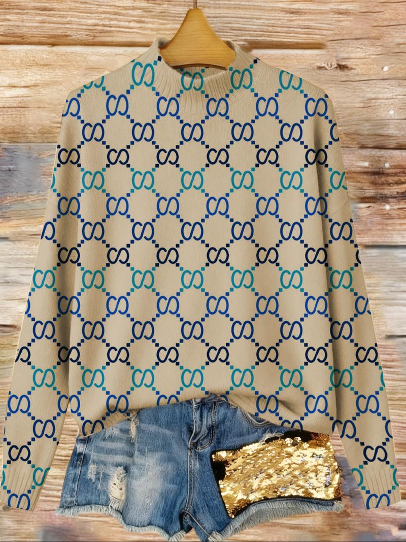 Women's Gradient Geometric Print Stand Collar Sweater, Fall Winter Casual Long Sleeve Knitwear, Comfortable Warm Daily Wear