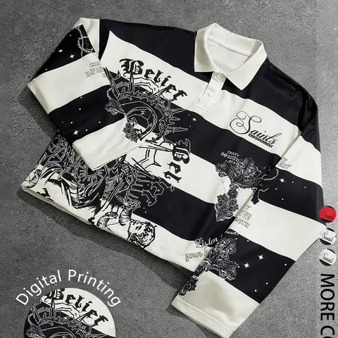 Unisex Letter Print Graphic Printed Polo, Casual Fitted Top, Aesthetic Clothes, Fashion Fall & Winter Wear
