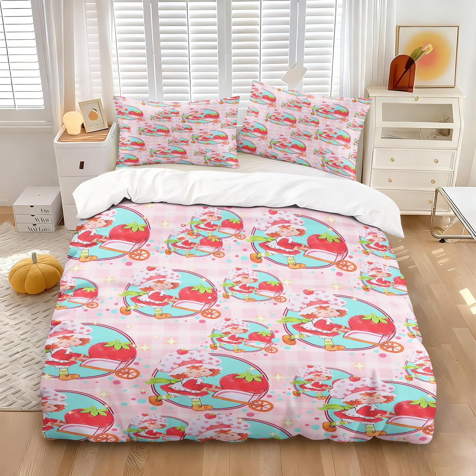 Vintage Strawberry Girl Cartoon 3-Piece Duvet Cover Set, Ultra-Soft Microfiber Bedding with 2 Pillowcases, Cute Kawaii Style Bedding for Kids Girls Bedroom Dorm Decor