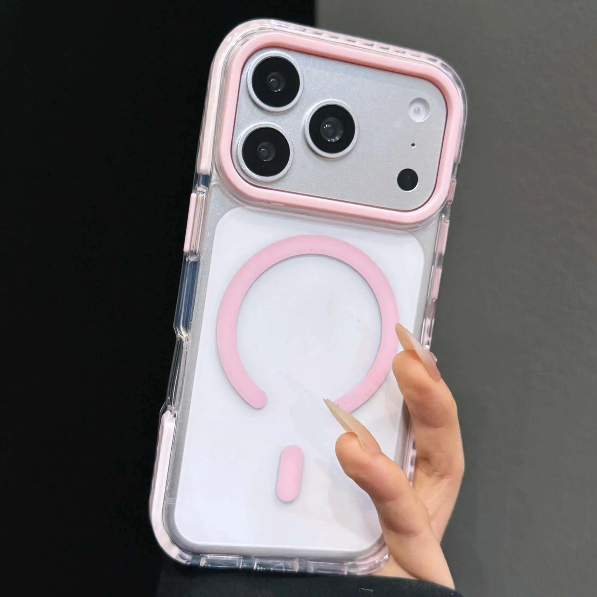Cute Aesthetic Pink Frame Magnetic Smartphone Protector Case - Transparent Cellphone Protective Cover with Raised Camera Bezel for iPhone 17,16,15,14,13 Pro,Pro Max,Plus,Mini - Wireless-Friendly Daily Wear Fashion Accessory