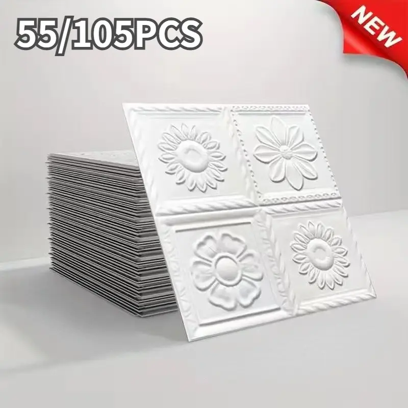 55/105pcs of 35x35cm/ 13.78x13.78in - 3D self-adhesive wallpaper - XPE foam material - Rustic floral design for bedrooms and living rooms - Waterproof and moisture-resistant home decor stickers - Renovate cement walls with wallpaper