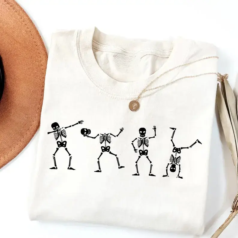 Men's Dancing Skeleton Cotton Crew Neck T-Shirt - Funny Halloween Gift, Cool Fall Top, Spooky Season Wear, All Seasons, Machine Washable