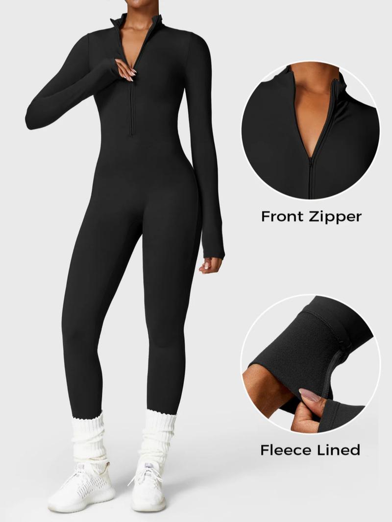 Women's Fall Winter Zipper Fleece Warm Stand Collar Jumpsuit, Slimming Bodycon Pants, Casual Fashion, Suitable for Daily Wear, Outdoor Training, Gym Workout, Sporty Comfy Jumpsuit