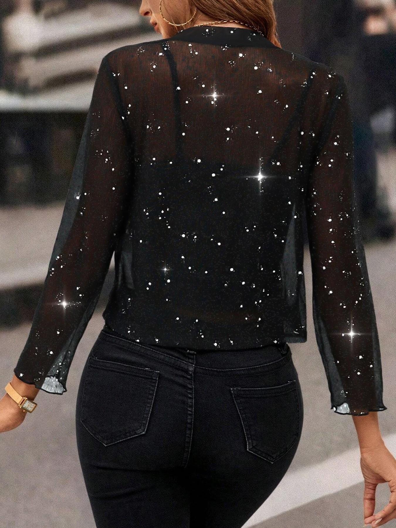 Women's Sheer Starry Sparkle Open Front Cardigan - Shiny Mesh 3/4 Sleeve Cover Up for Party/Date Night suitable for Valentine's Day Womenswear