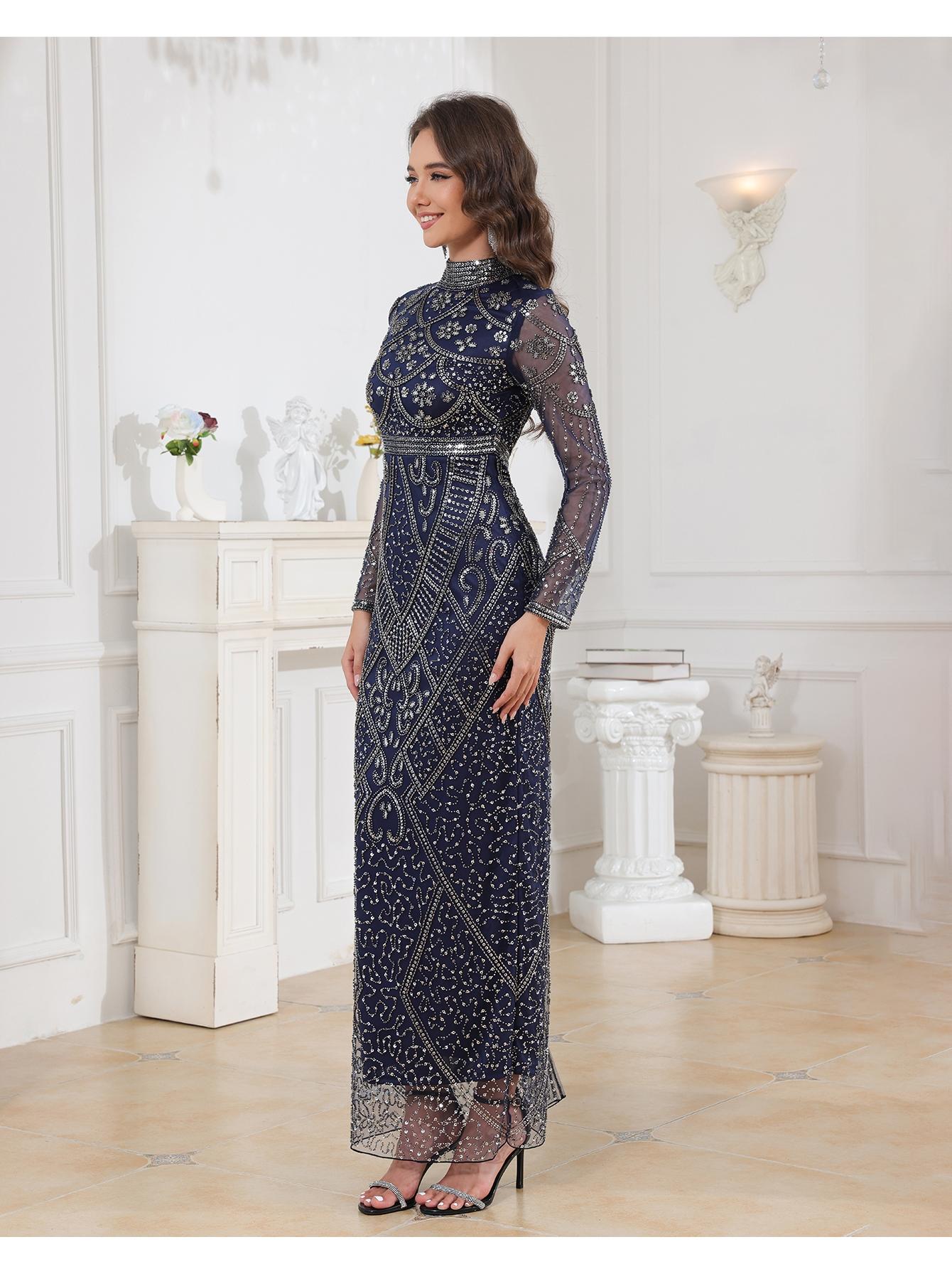 Celesmeety Women's Elegant Muslim Dress, Sequin Embroidery, Sheer Long Sleeve, Perfect for Party, Wedding, All Seasons, Classy Modest Dress