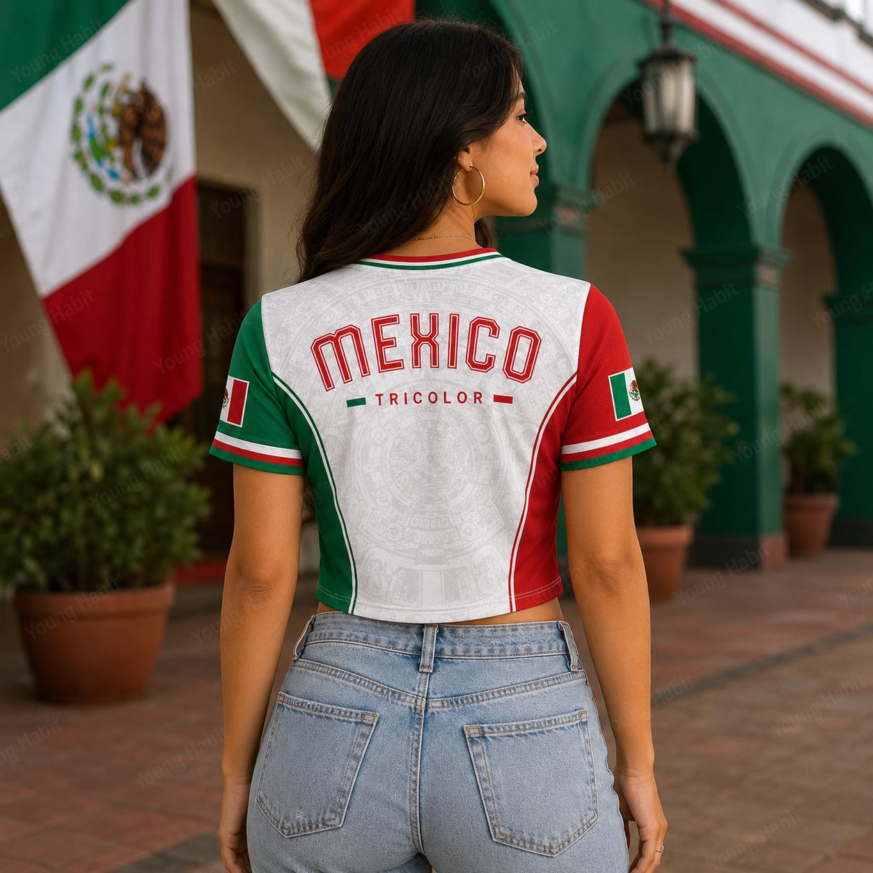 Women's Mexico Cropped V-Neck Athletic Cultural Pride Tee - Short Sleeves, Aztec Graphic, Flag Design, Polyester Lightweight Breathable Fabric, for Casual Streetwear