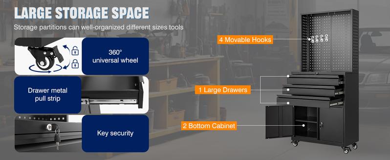 Letaya Metal Garage Storage Cabinet with Wheels,3-Drawer Rolling Tool Cabinet with 2 Door and Adjustable Shelves,- 71" Steel Tool Cabinet for Warehouse,Garage,Workshop Rolling Metal Garage Storage Cabinet Heavy Duty Hardware