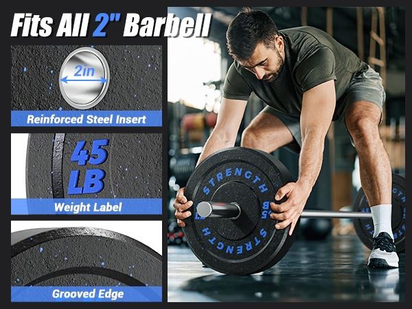 FathersDayGift High Bounce Bumper Plates Set, 2 Inch Weight Plates for Strength Training, 100-260lbs Floor-Protective Barbell Weights for Home Gym & Weight Lifting.