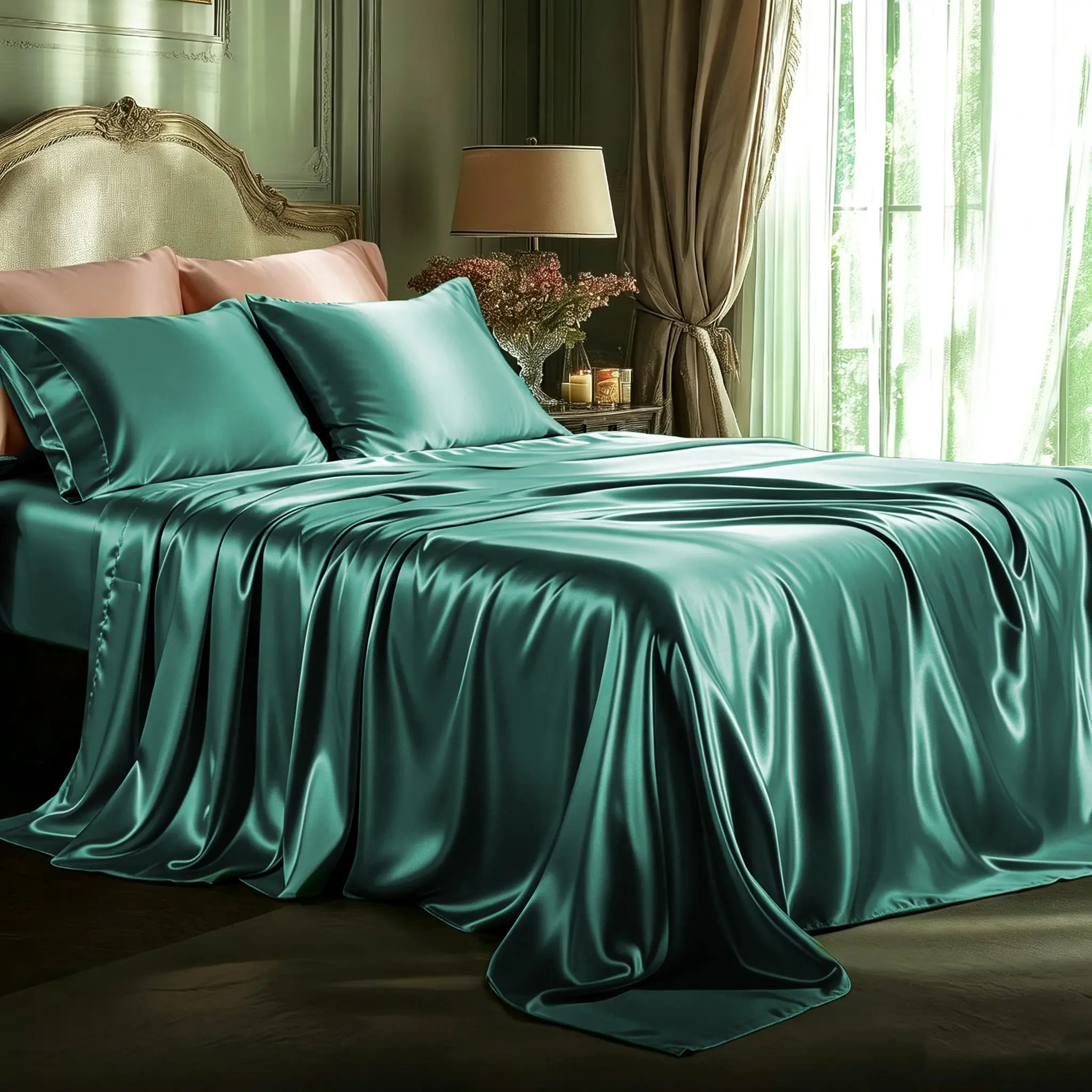 Sasttie Satin Sheets Queen Size - Soft Silky Bedsheets for Hair & Skin - Similar to Silk Bed Sheets Set 4 Piece 360°Stronger 15 Inches Deep Pocket Fitted Sheet,1 Flat Sheet, 2 Satin Pillowcases