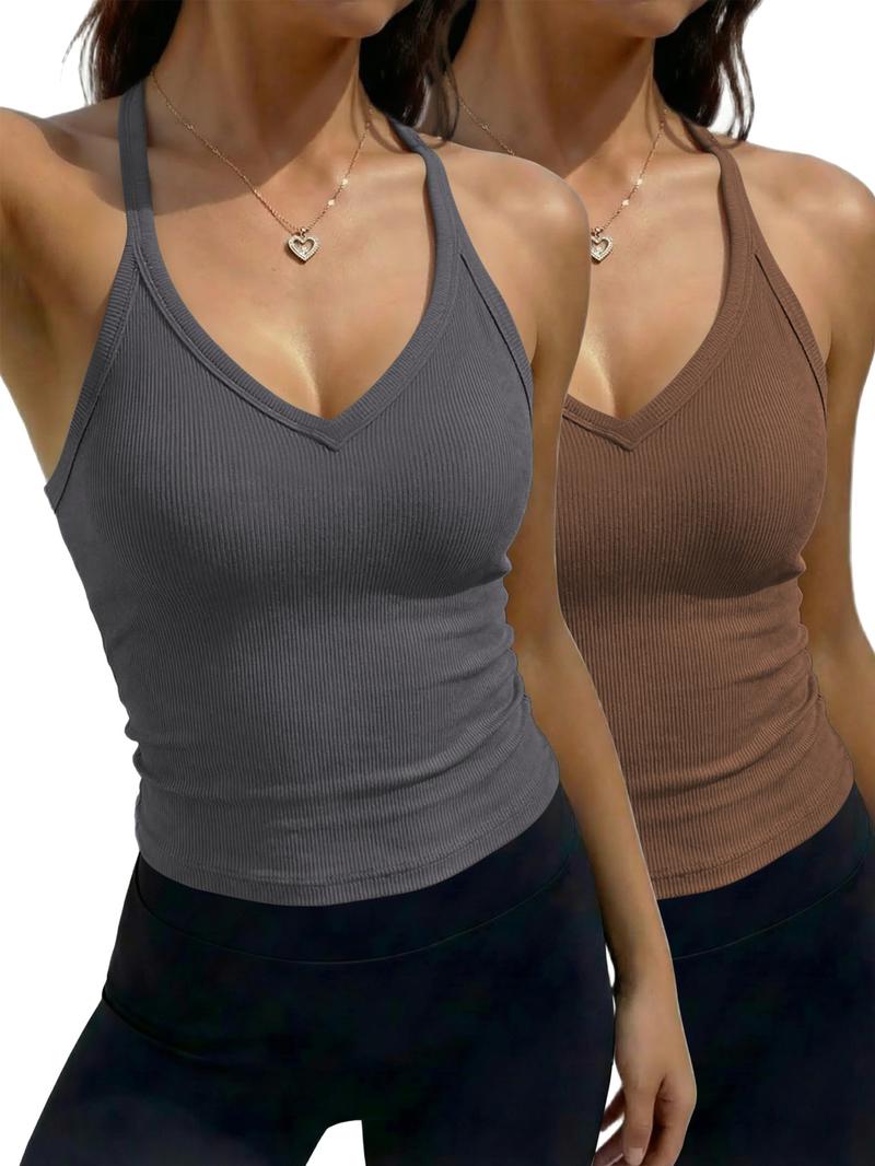Women's Solid Racerback Tank Top, Casual Sleeveless Deep V- Neck Top for Summer, Ladies Clothes for Daily Wear, Breathable Sleeveless Tops