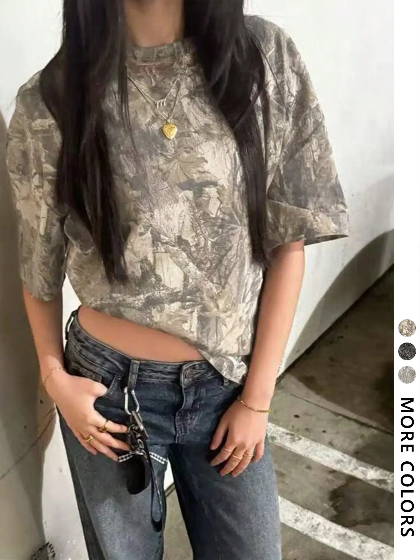 Women's Loose Camo T-Shirt, Y2K Vintage Punk Rock Style, Real Tree Print Streetwear, Fitted Short Sleeve Shirt, Casual Summer Top