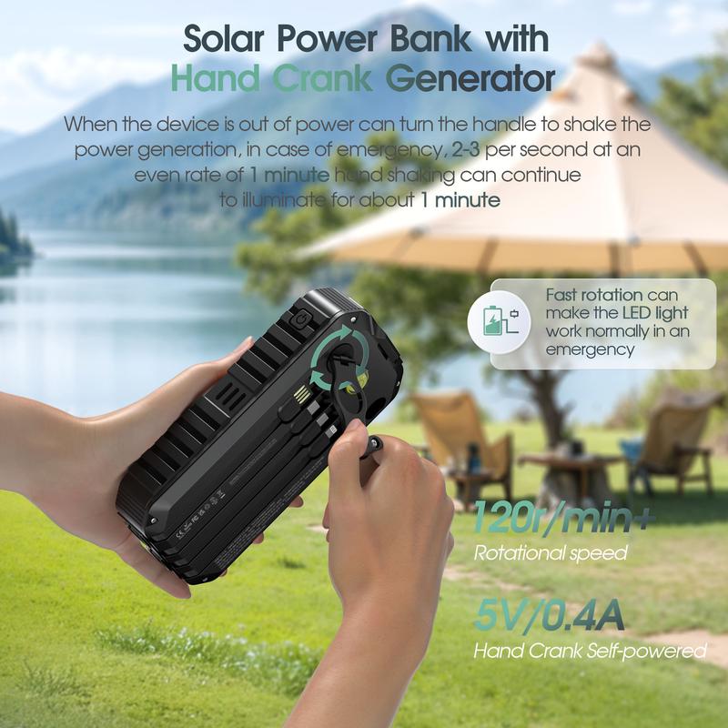 citicr 40000mAh solar hand-held power bank, with 4 built-in cables for output and input, super bright flashlight, level gauge, compass, 6 output PD20W fast charging, hand-cranked point charger, suitable for outdoor camping, fishing, mountain climbing, etc