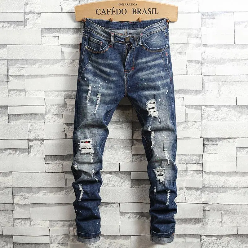 Men's Heavily Ripped Distressed Denim Jeans, Cotton Blend Vintage Washed Slim Fit Jeans with Paint Splatter, Casual Hip Hop Streetwear Denim Pants for Men