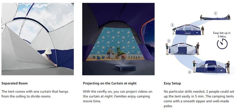 CAMPROS CP Tent 8 Person Camping Tents, Weather Resistant Family Tent, 5 Large Mesh Windows, Double Layer, Divided Curtain for Separated Room, Portable with Carry Bag