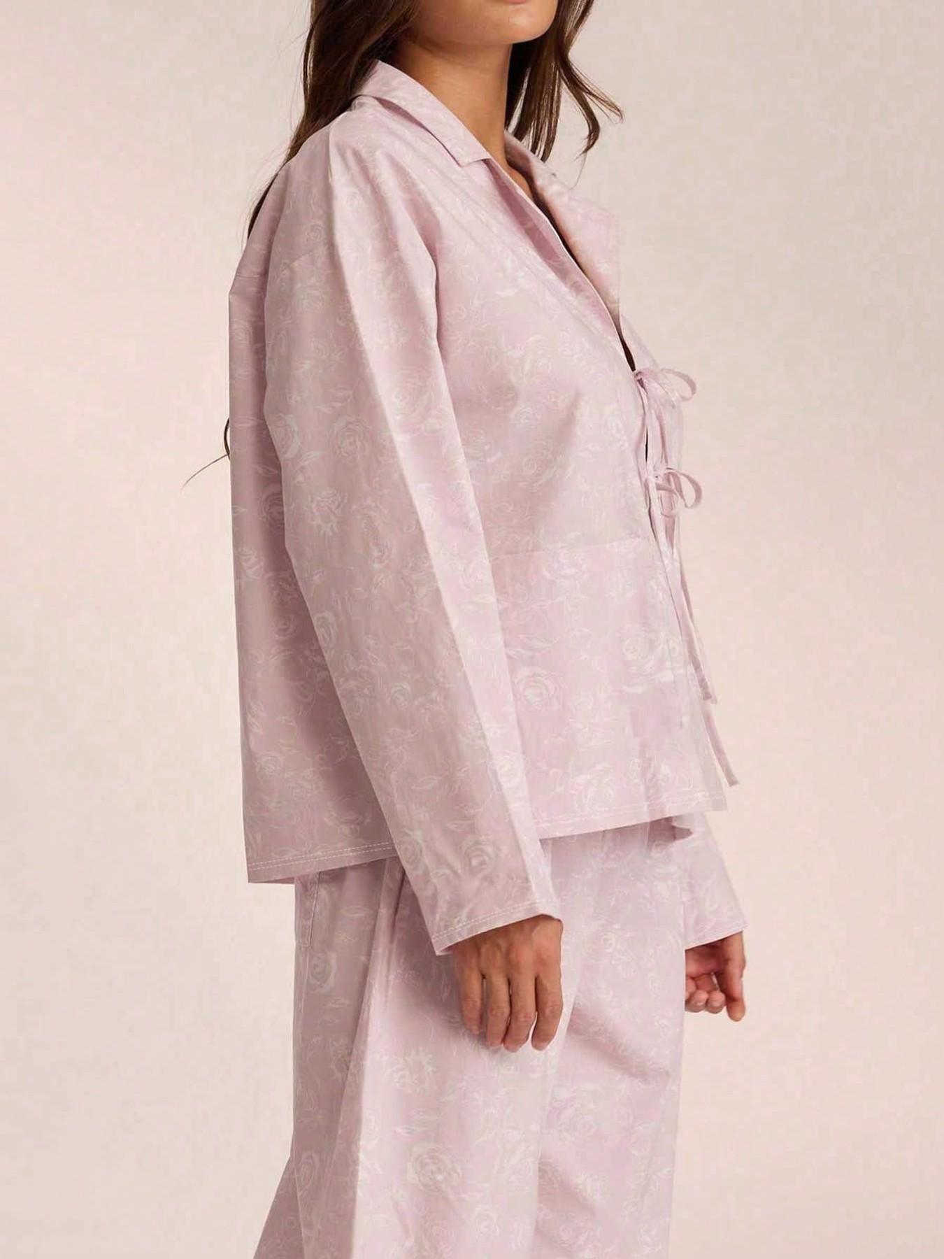 Women's Floral Print Lapel Sleepwear Set, Casual Comfortable Full Body Flower Pattern, Ladies Homeewear Suit for Spring & Fall