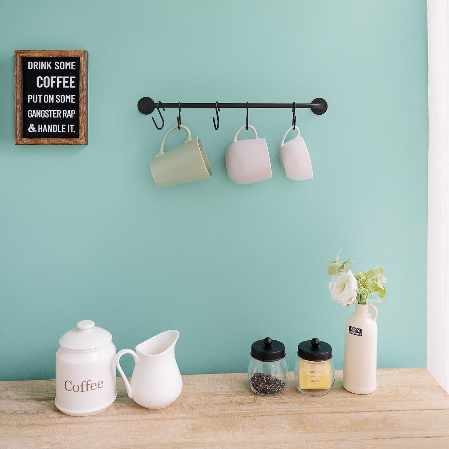 Modern Functional Wall Mounted Mug Holder - 5-Hook Coffee Cup Hanger Rack (1 Pack), Durable Metal Kitchen Rod, Space Saver Mug Storage, Easy Assembly, Wall & Under Cabinet Organizer for Kitchen Use