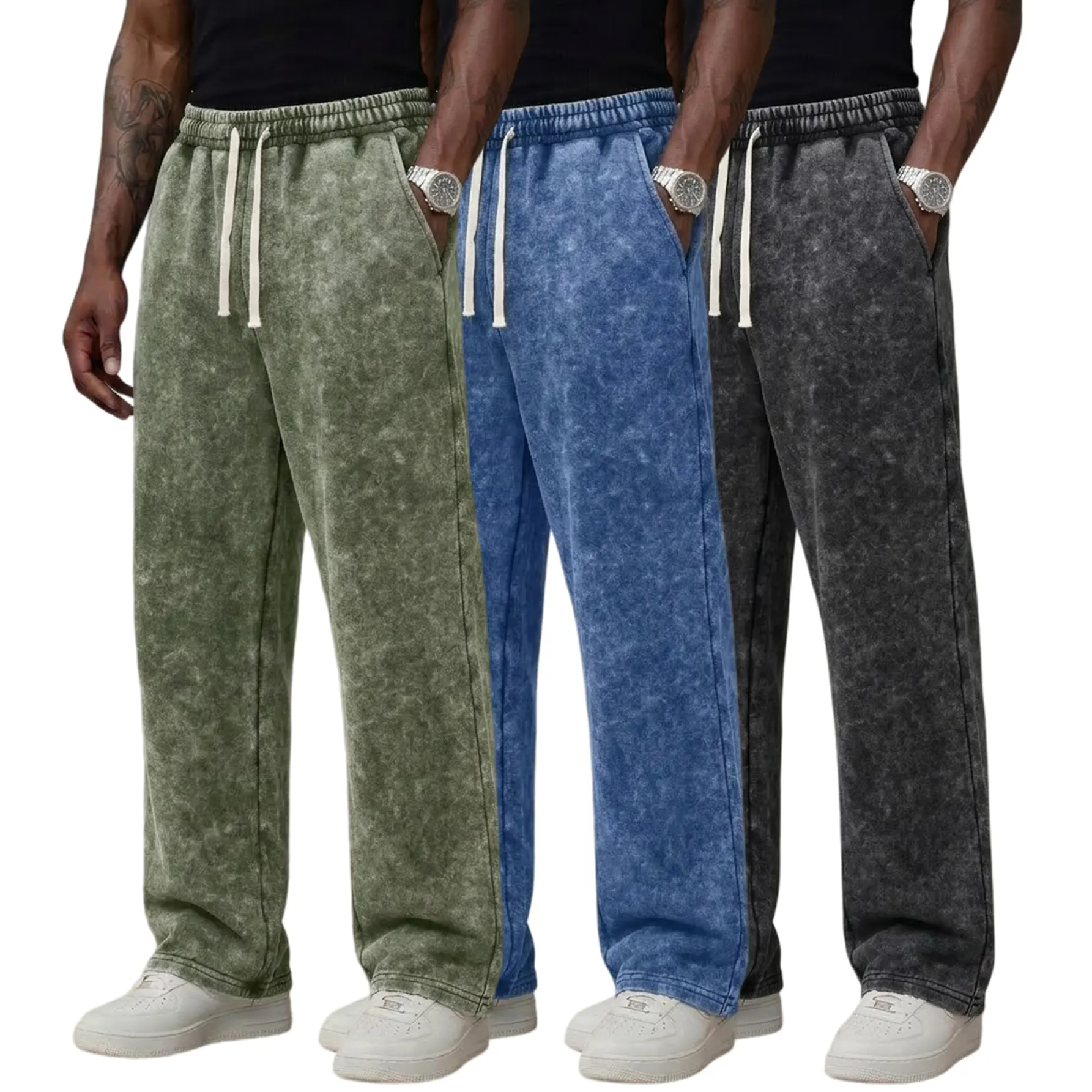 3-Pack Men's Acid Wash Retro Straight Leg Sweatpants Cotton Blend Casual Jogger Pants with Drawstring Elastic Waist and Side Pockets Vintage Washed Loose Long Trousers for Daily Wear Streetwear Lounge Travel Gym Outdoor Everyday Comfortable Spring Fall