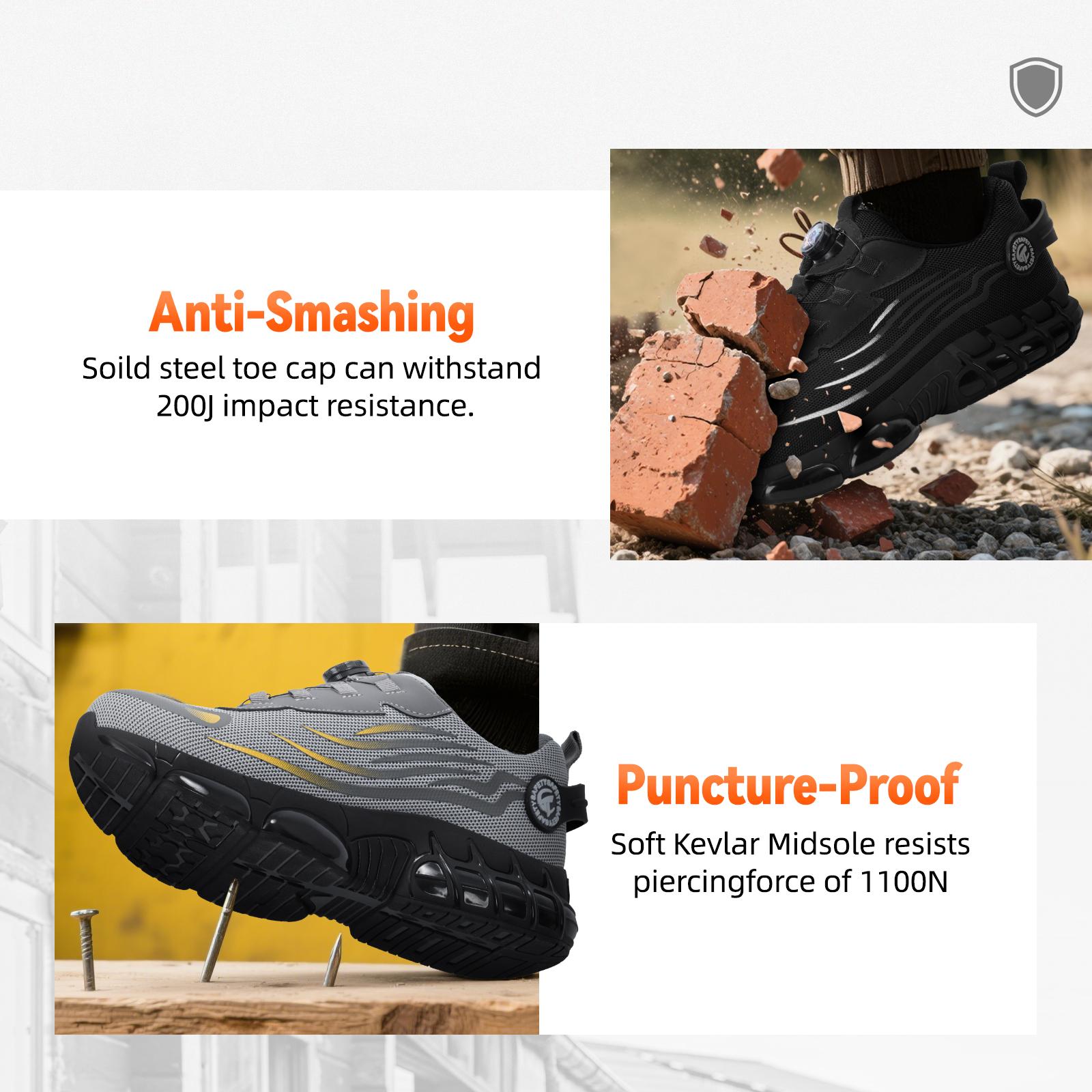 Furuian Men's Steel Toe Safety Shoes Black Air Cushion Kevlar Sole Anti-Puncture Anti-Slip Work Sneakers for Outdoor Industrial Construction