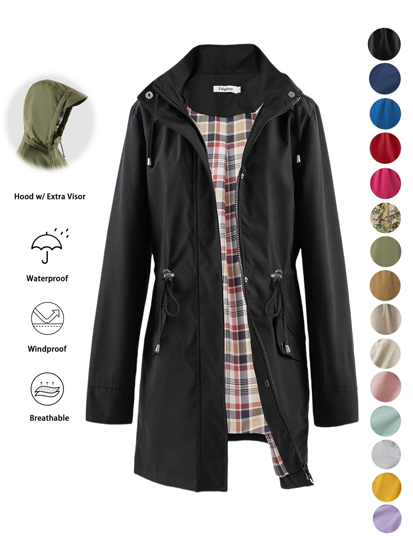 Women's Solid Color Drawstring Zip Up Hooded Trench Coat Raincoat, Casual Long Sleeve Waterproof Windproof Breathable Outerwear for Spring & Fall, Ladies Clothes for Daily Wear Women's Solid Color Drawstring Zip Up Hooded Trench Coat Raincoat, Casual Long Sleeve Waterproof Windproof Breathable Outerwear for Spring & Fall, Ladies Clothes for Daily Wear