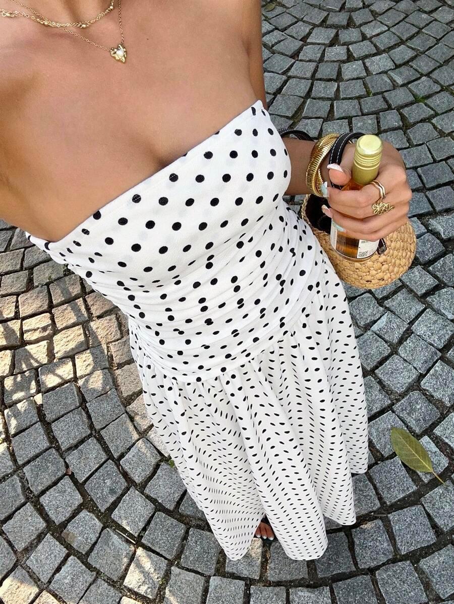 Women's Polka Dot Waist-Cropped Crop Top Dress, Vacation Style, Long Sun Dress, Casual Summer Midi Dress, Elegant Design