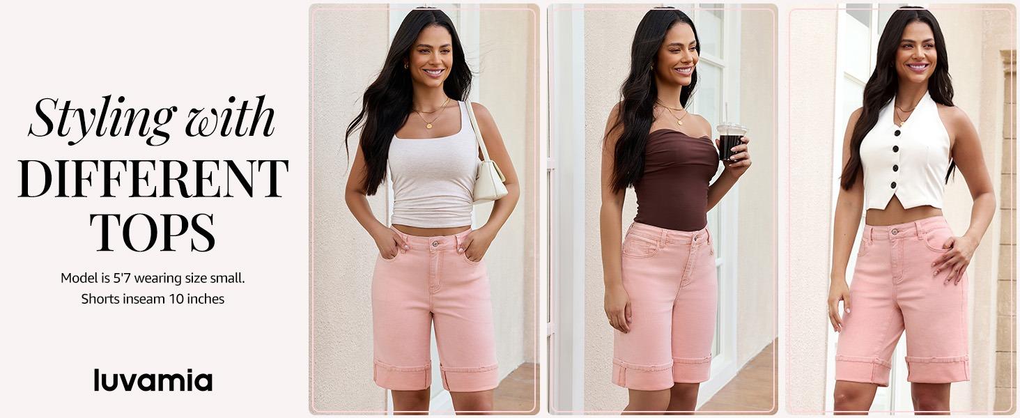 luvamia Jean Bermuda Shorts for Women High Waisted Knee Length Cuffed Long Stretchy Denim Shorts Loose Summer Jorts