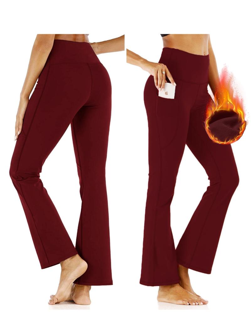 3PCS Women's High Elastic Breathable Pants With Side Pockets, Flared Leg, High Waist, Tummy Control, Soft & Comfortable Fleece Lined Yoga Trousers, Outdoor Running Workout For Autumn/Winter