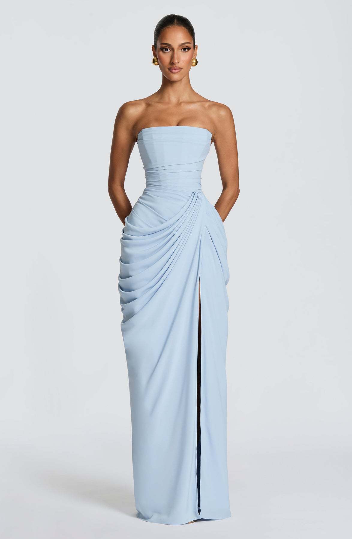 2026 European and American New Style Asymmetrical Pleated Sexy High-Slit French Romantic Strapless Pleated Slit Dress