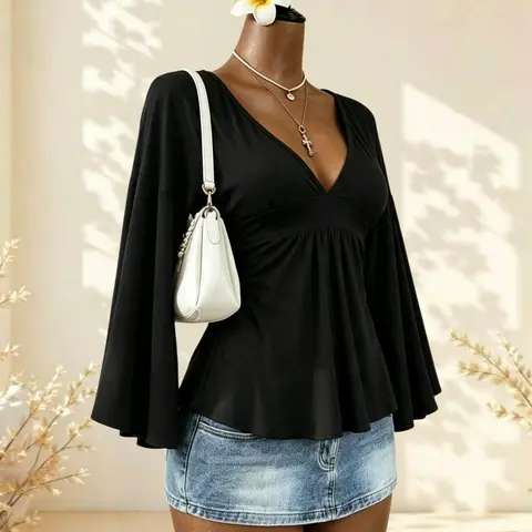 Women's Deep V Neck Bell Sleeve Top, Waist Cinched Pleated Design, Loose Fit Long Sleeve T-Shirt, Casual Style, Available in 1/2/3 Pieces