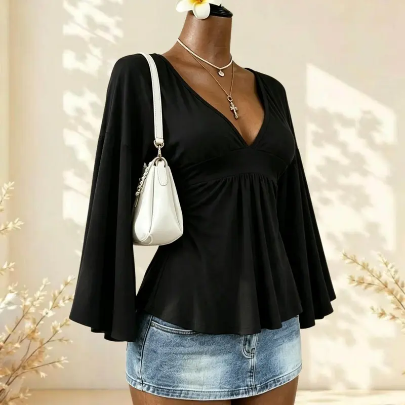 Women's Deep V Neck Bell Sleeve Top, Waist Cinched Pleated Design, Loose Fit Long Sleeve T-Shirt, Casual Style, Available in 1/2/3 Pieces