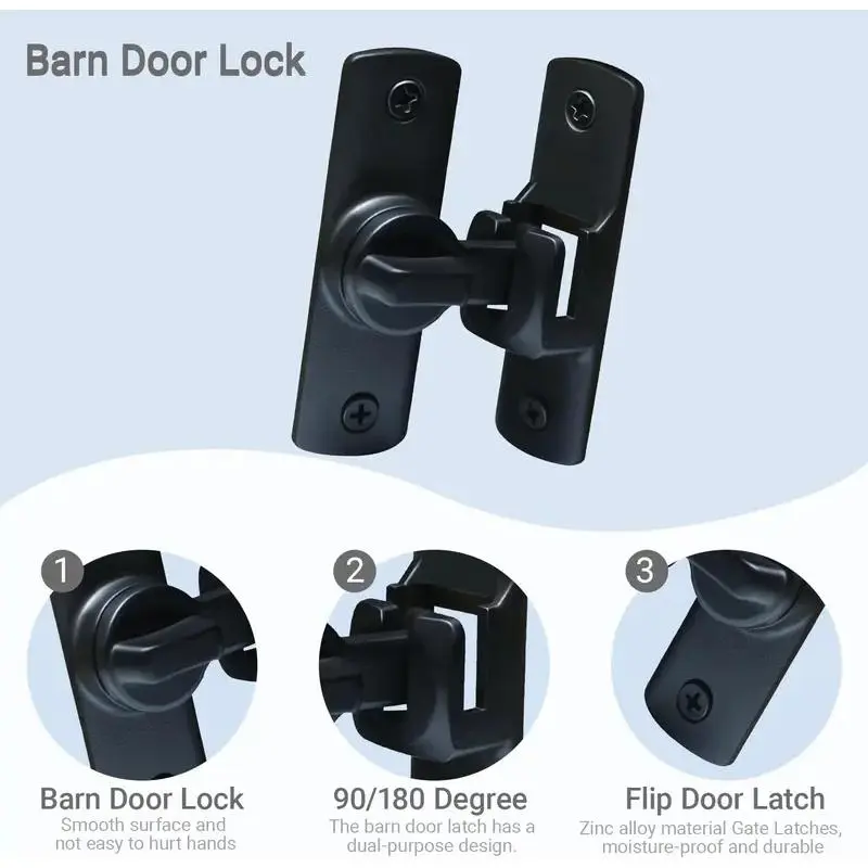 90/180 Degree barn Door Lock, 90/180 Degree Flip Doors Latch Heavy Duty Rust-Proof Safety Sliding Door Lock with Mount Screws for Barn, Garden, Bathroom, Cabinet, Window, Sliding Door(Black)