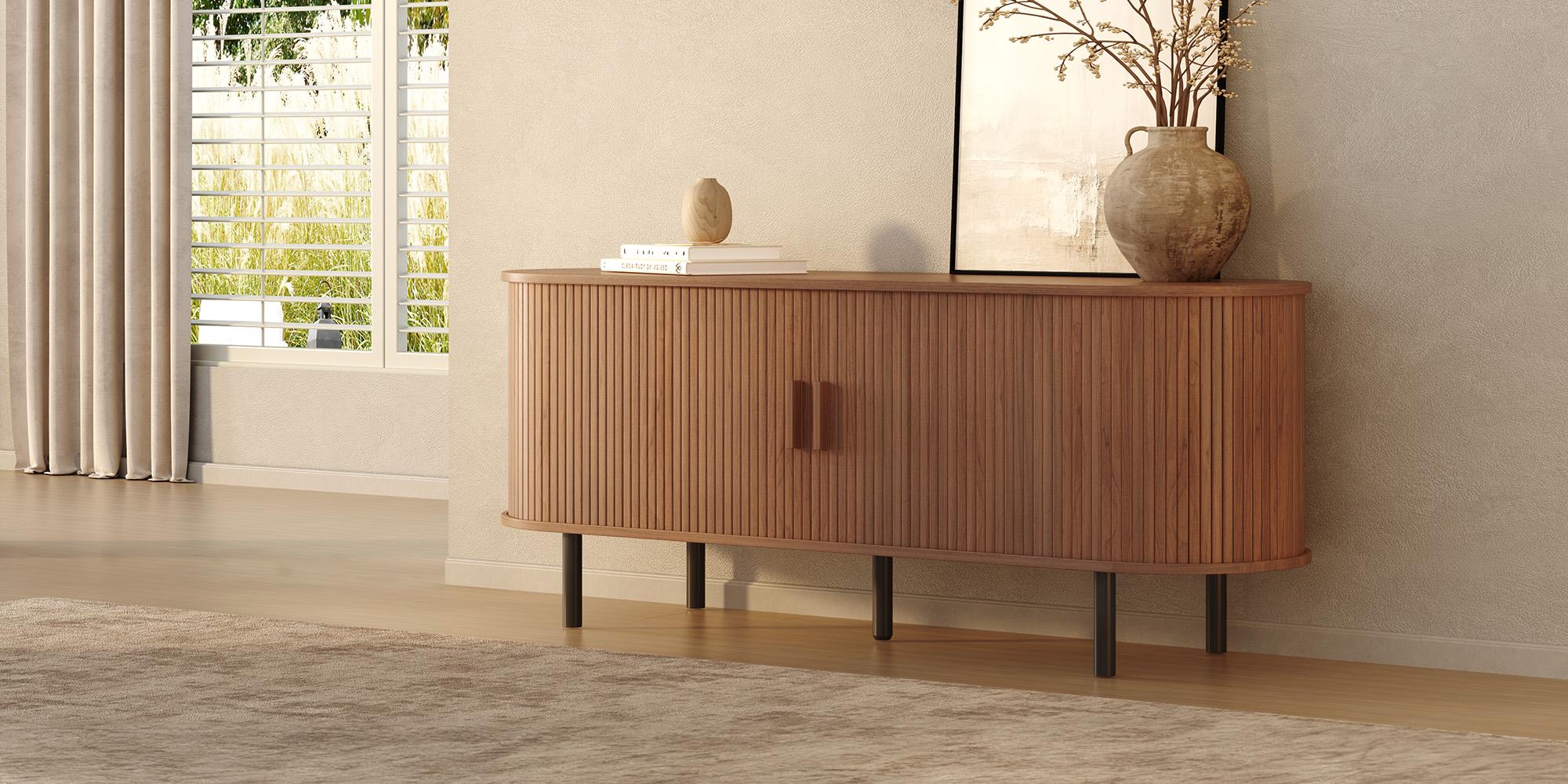 【Sliding Doors Design】ONBRILL 55"/63" Gorgeous Fluted TV Stand for TVs up to 60/70 Inch, Modern Entertainment Center with Power Outlet & Adjustable Shelves Storage for Living Room, Media Console,Bedroom Furniture,Christmas Gift