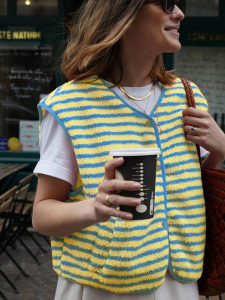 Women's Striped Lamb Wool Sleeveless Winter Warm Jacket, Round Neck Button Vest with Pockets, Casual Fitted H-type Design, Womenswear