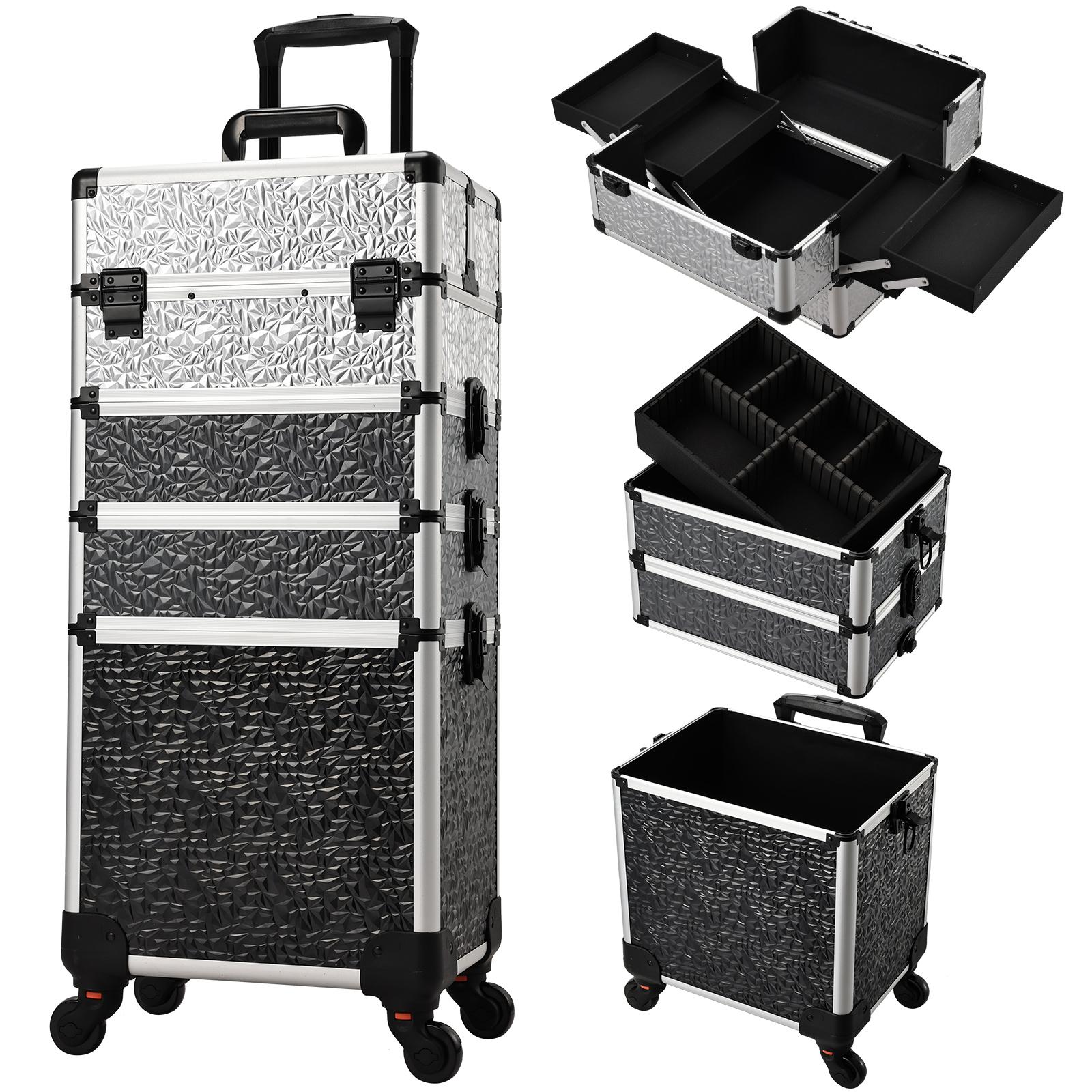 Joligrace 4 in 1 Rolling Makeup Train Case Large Cosmetic Trolley Box with Key Swivel Wheels Salon Barber Case