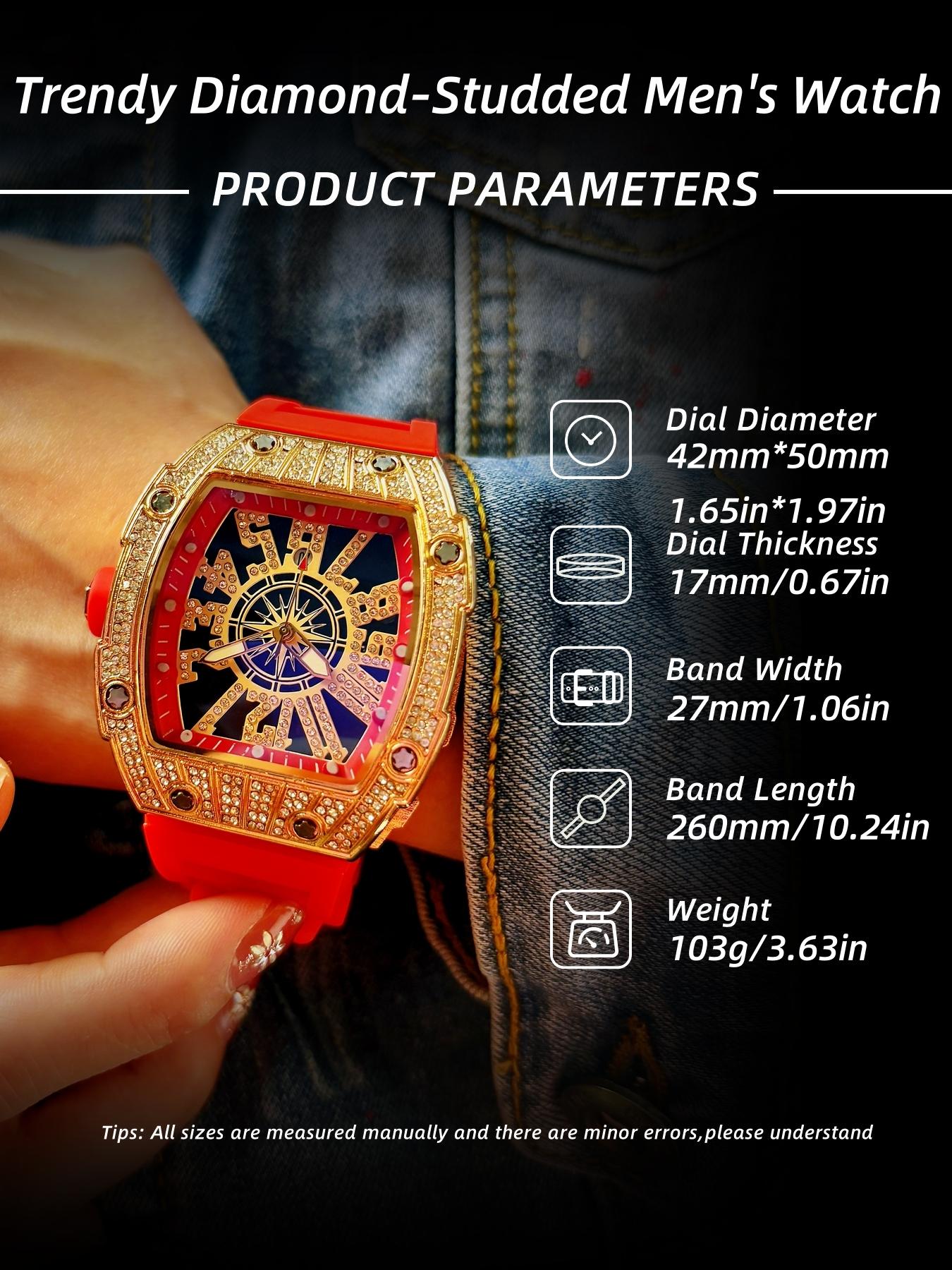 Men's Oversized Watch Colorblock Design, Compass Large Dial, Hip Hop Street Style, Sporty Full Diamond Barrel Shape Men's Wristwatch, Casual Watch