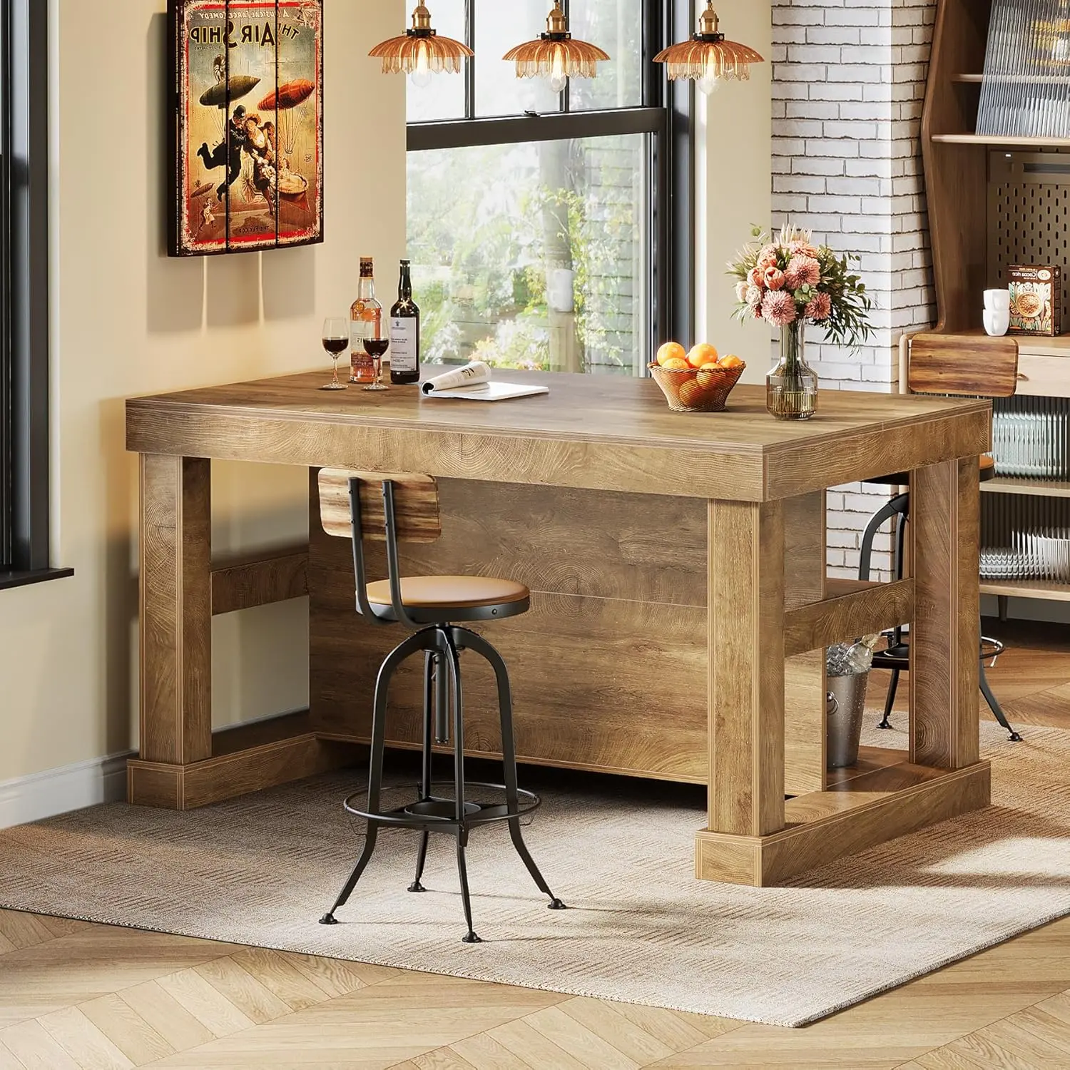 LustreC Bar Table, 55-Inch Counter Height Pub Table with Storage Shelves, High Top Kitchen Dining Table, Rectangle Wood Home Bar Unit for Dining Room, Bistro, Light Brown