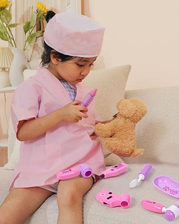 Colorful Plastic Pretend Doctor Kit for Girls with Dress-Up Costume, Dog Figure, Carrying Bag, Stethoscope - Educational Role Play Toy Gift for Kids Toddlers Ages 3-6, Colorful Set, Pretend Kit