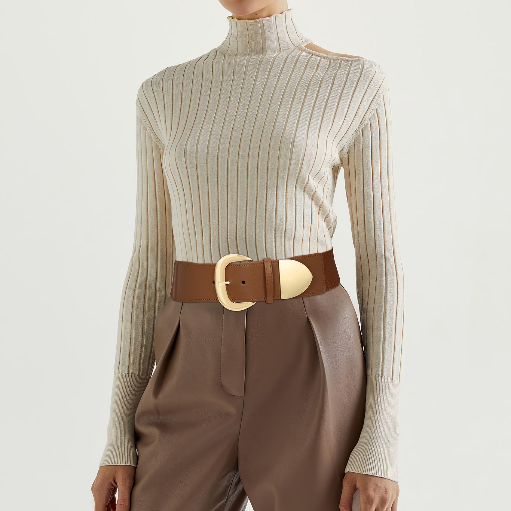 SUOSDEY Women Wide Elastic Waist Belt for Dresses Fashion Gold Buckle Stretchy Leather Waistband for Ladies