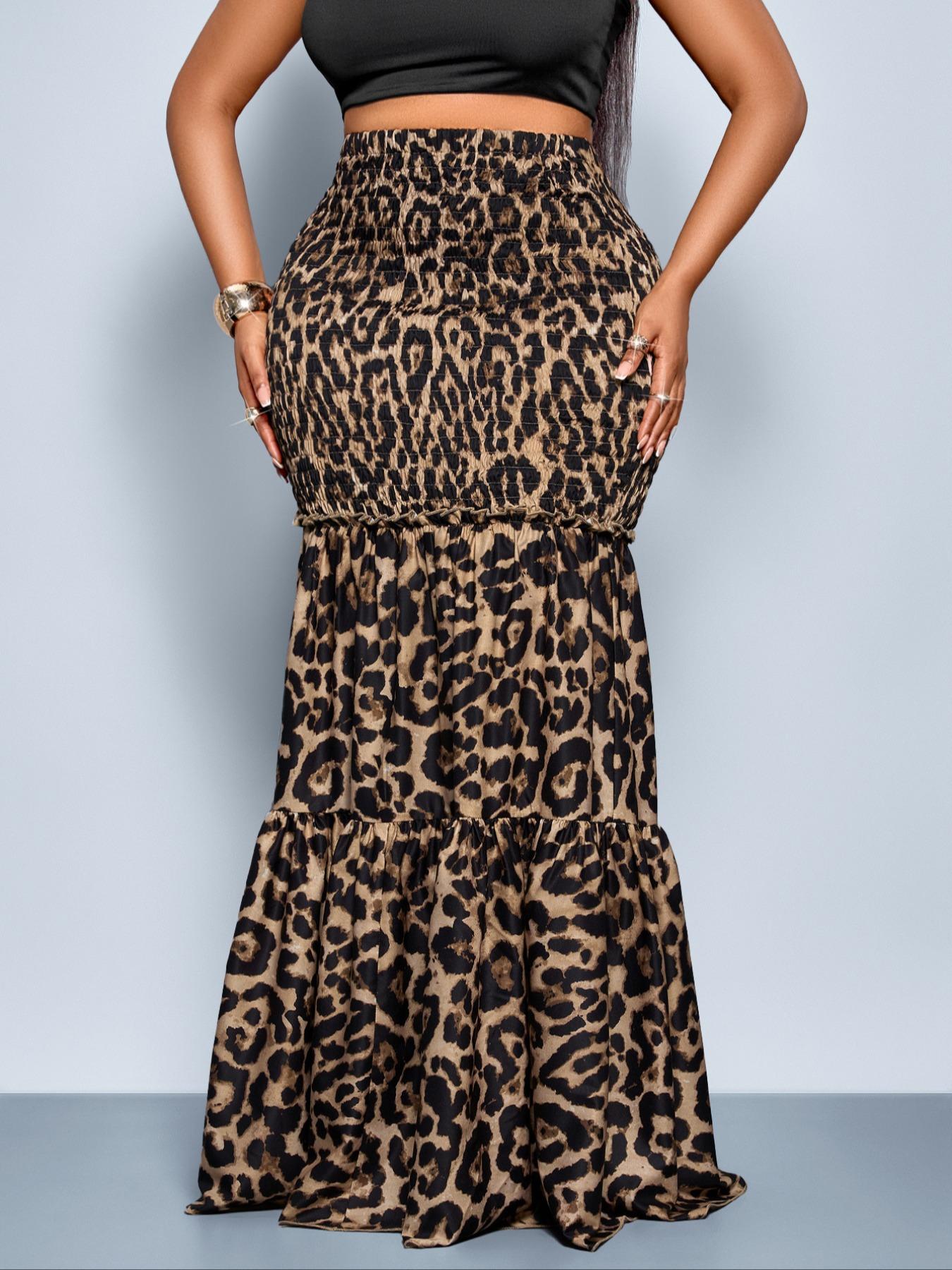 Plus Size Christmas Women's Clothing Elegant Leopard Print High Waist Long Skirt, Plus Size Women's Fall Fashion, Fitted Woven Fabric, Modest Style, Womenswear, Bottom