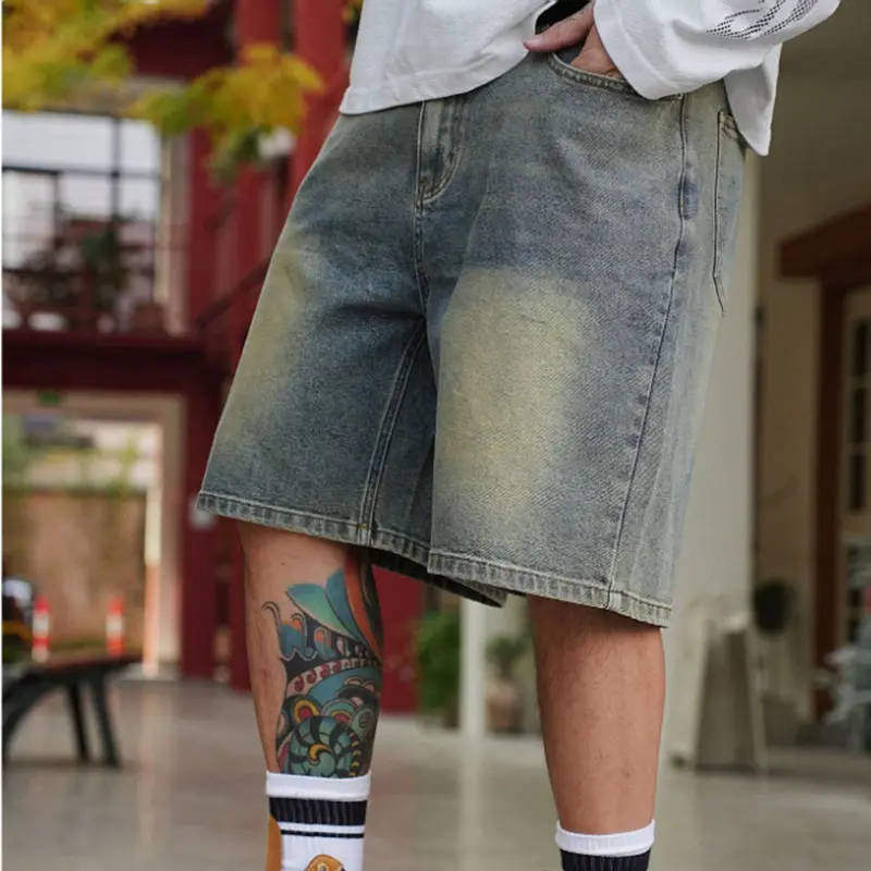 Men's denim shorts, trendy high street style, distressed, loose, casual, simple, non-stretch, mid-length shorts