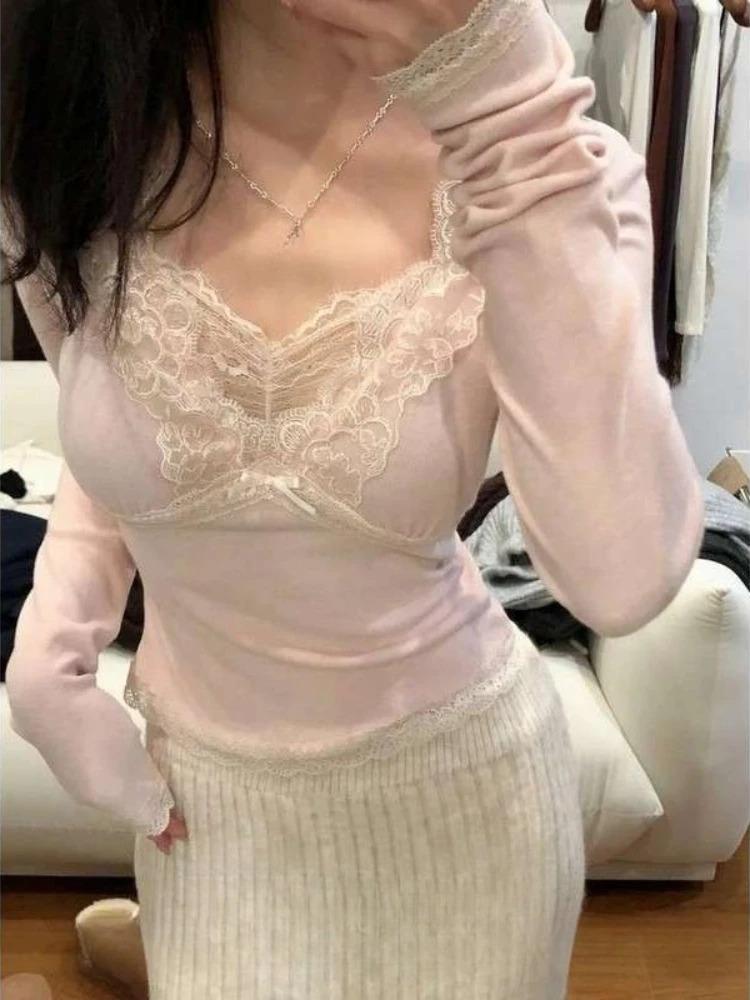 Pink V-neck Lace Edge Spliced Base Shirt Women Autumn Winter Inner Wear Elegant Fit Tops Harajuku Sweet Bow Casual Soft Clothes