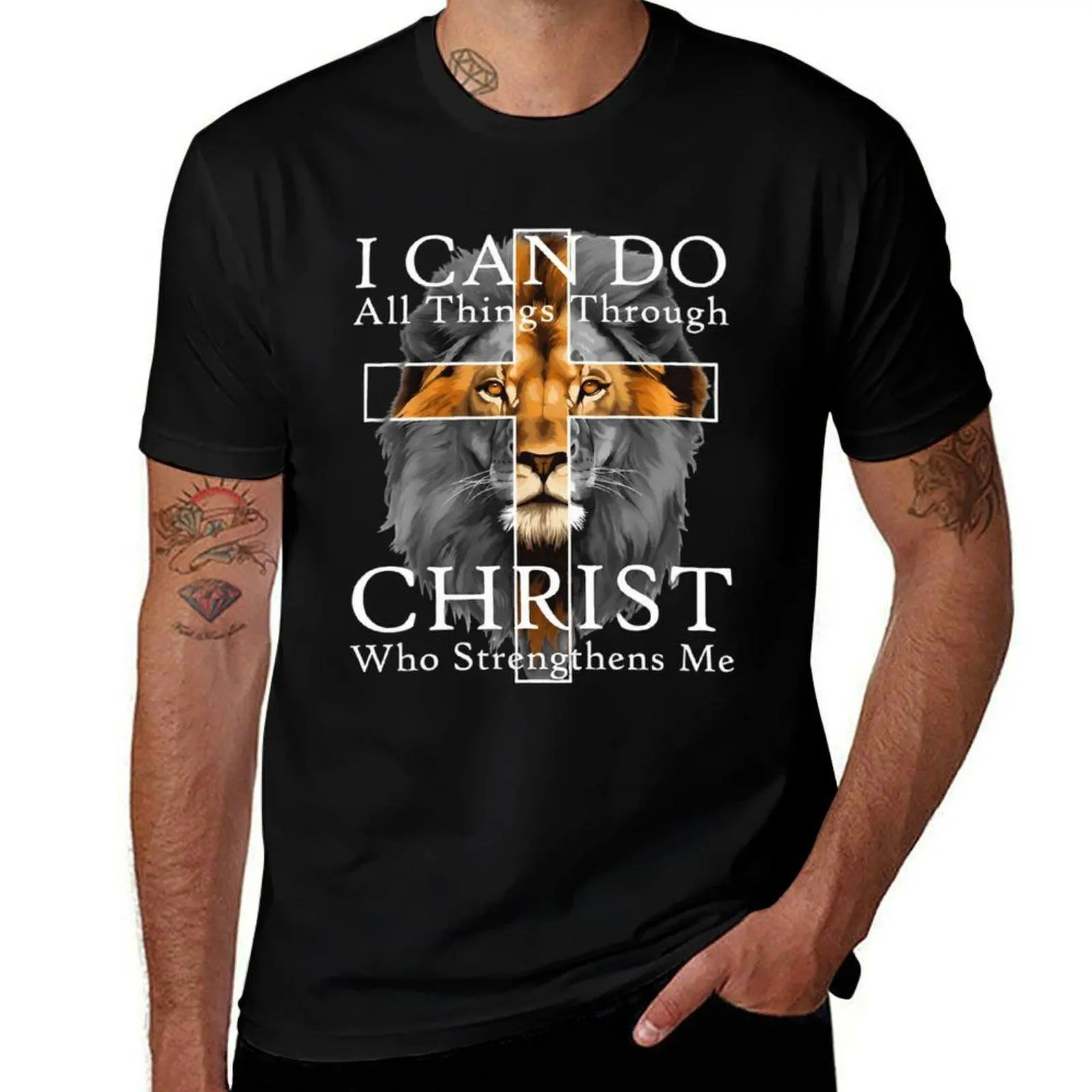 [100% Cotton] Strong Lion With Cross Christian Faith Inspirational T-Shirt
