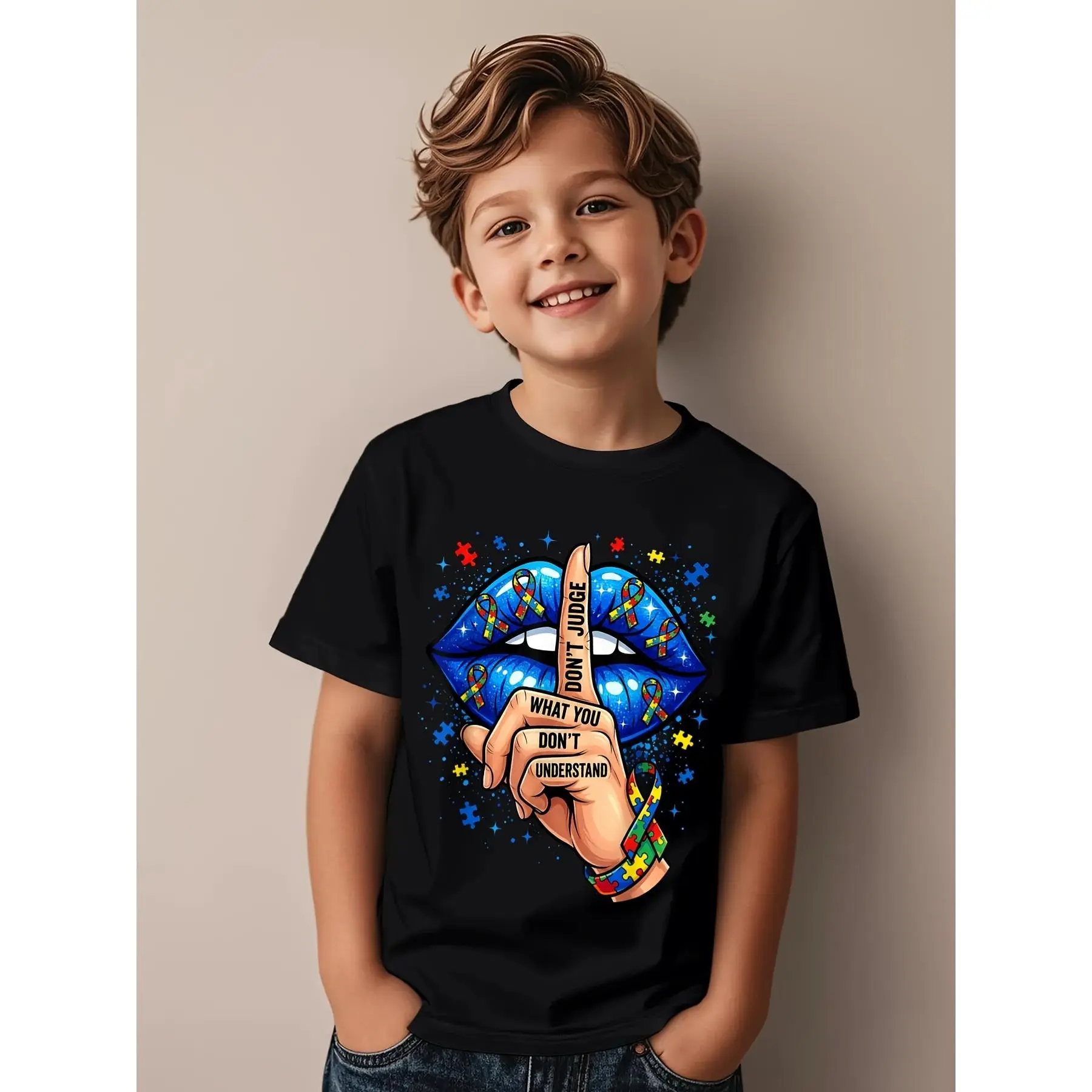 Don't Judge Things You Don't Understand. Autism Awareness. Lips. Fun. Cool. Pattern. Kids' T-shirt. Casual Kids' T-shirt. Trendy. Cool. T-shirt. Top(3Y-13Y)