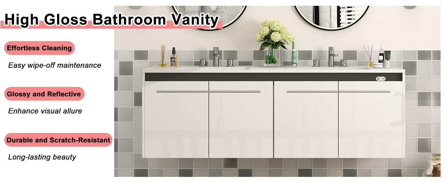 [Ships in 2 Boxes] VanAcc 31/60"Floating Bathroom Vanity with Sink, High Gloss Single Sink Wall Mounted Bathroom Storage Vanity Cabinet with LED Light & Metal Handles, Modern Bathroom Sink Cabinet