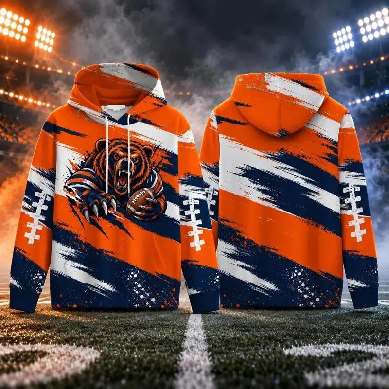 Orange Navy Bear Football Hoodie for Men Women, Game Day Graphic Pullover Sweatshirt, Bear Holding Football Hooded Top, Unisex Sports Fan Streetwear, Tailgate Watch Party Outfit, Football Fall Winter Gift with Kangaroo Pocket & Lace Sleeve Print