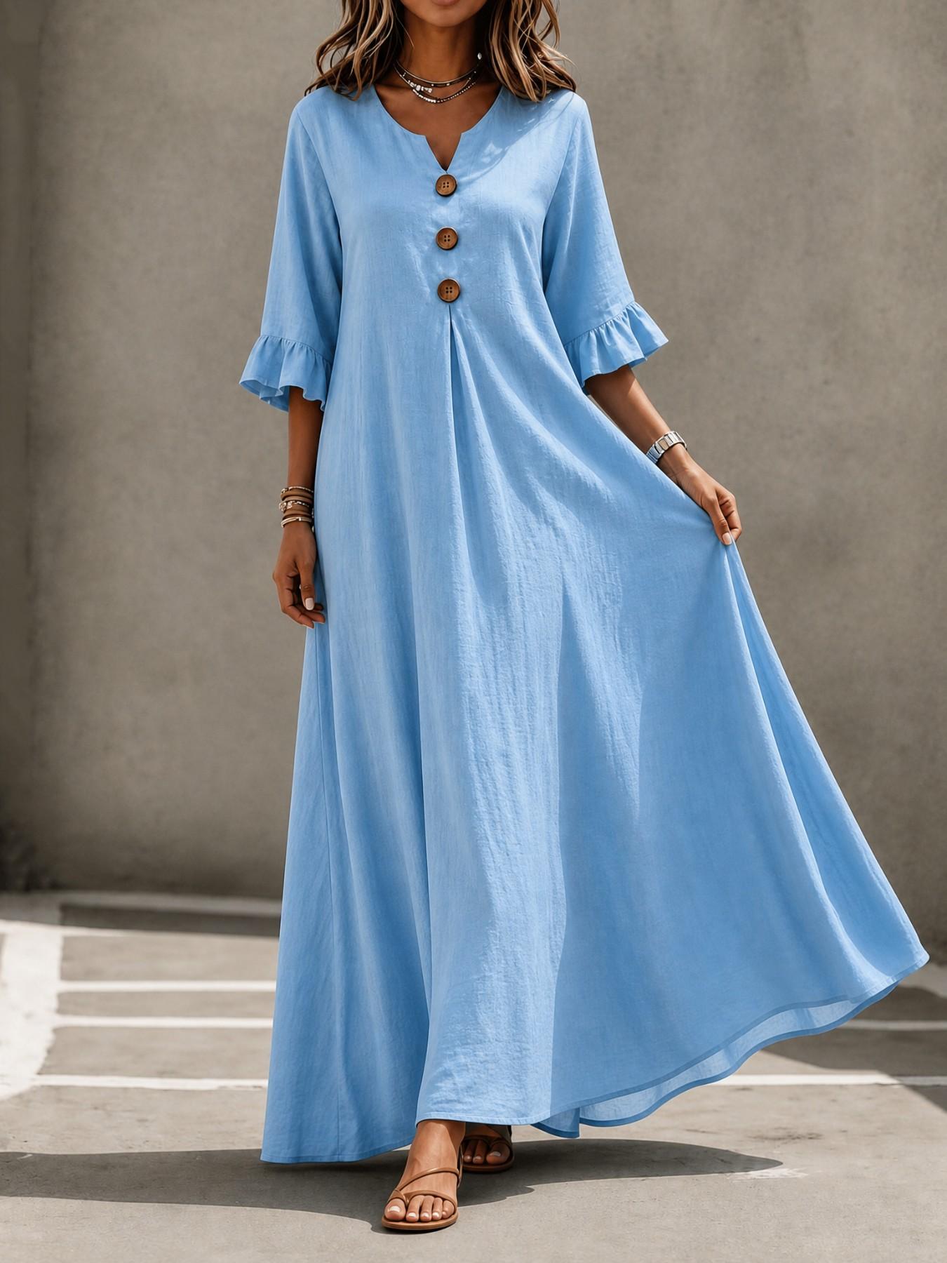 Women's Boho Aesthetic Style Solid V-Neck Dress with Wooden Buttons and Ruffle Sleeves, Loose-Fit A-Line Skirt, Fall & Winter Casual Wear
