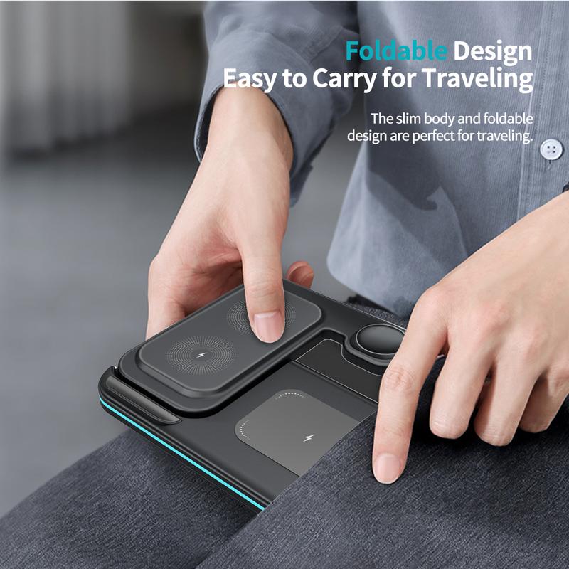 Folding 3-in-1 Wireless Charging Station 15W Fast Charger for IPhone 16-11, IWatch Ultra10-2/SE, AirPods 4-2/Pro, and Qi-compatible phones